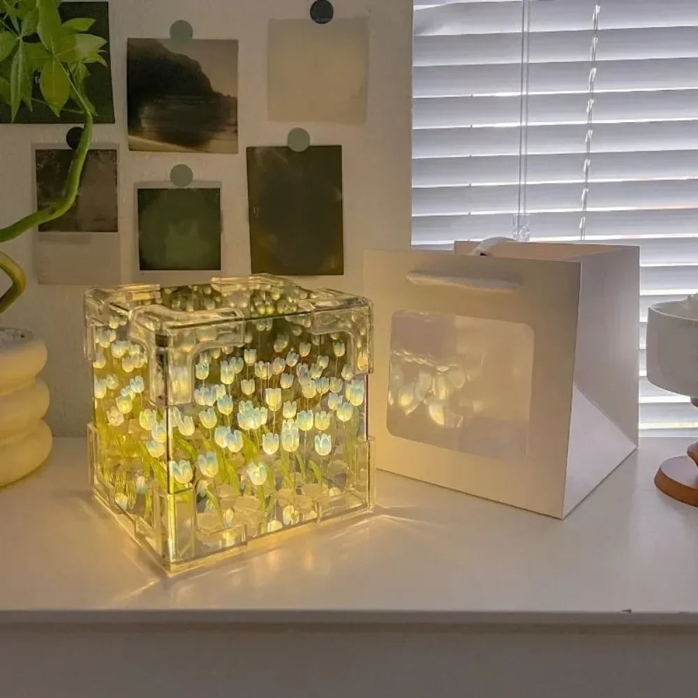 DIY Tulip Sea Mirror Night Light Car Decoration Materials Handmade Birthday Gifts for Friends and Colleagues