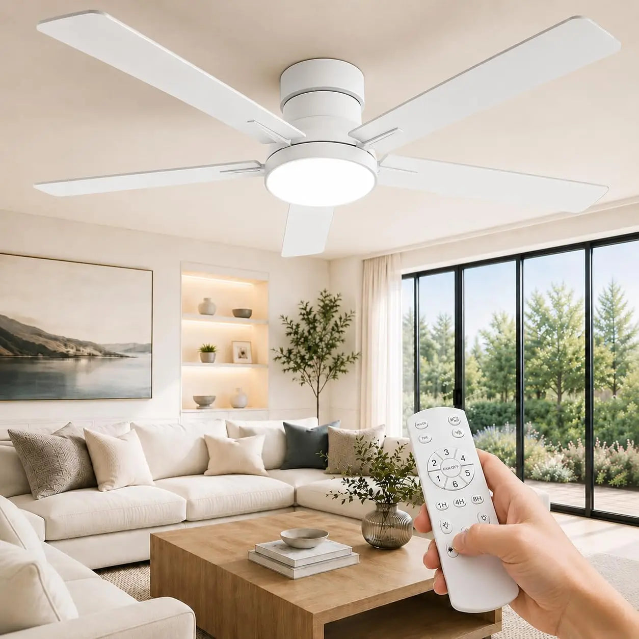 Low Profile Ceiling Fan With Light And Remote 52 Inch White Quiet LED Ceiling Fan Easy Install Composite Wood Blades Slim Modern Design For Bedrooms And Living Rooms