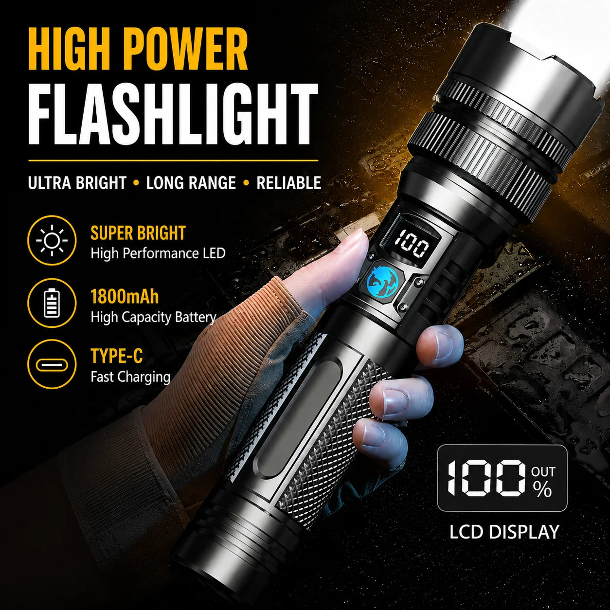 Super Bright LED Flashlight Rechargeable Zoomable Digital Display Tactical Light Waterproof Camping Outdoor Handheld Spotlight