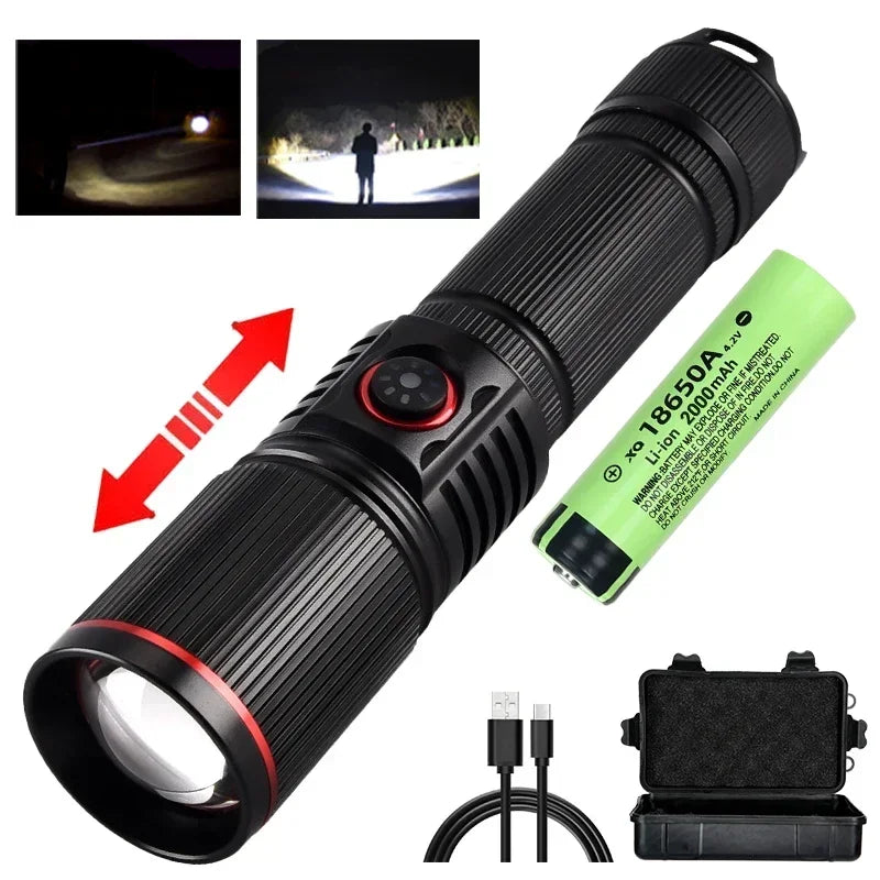 30W  High Bright LED Flashlight High Power Type C Rechargeable Zoom Torch Camping Outdoor Hunting Fishing Walking Lighting Lamp