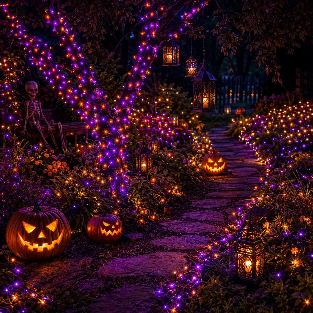 2 Pack Halloween Solar Powered String Lights Outdoor, 72FT 200 LED Solar Powered Decor with 8 Modes of Lighting, Purple and Orange Glow, IP65 Waterproof Design for Outdoor Garden Decor.