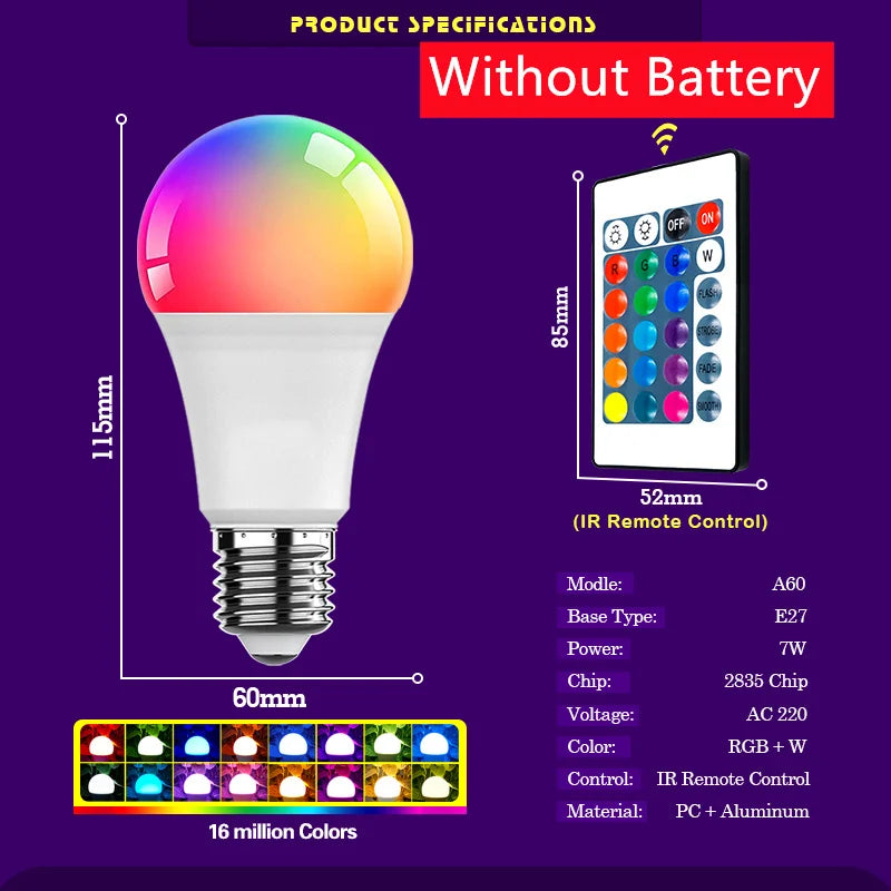 LED RGB Light Bulb AC 220V 230V E27 Lampas LED 7W IR Remote Control Changeable Colorful RGBW Led Lamp Spotlight Bulb