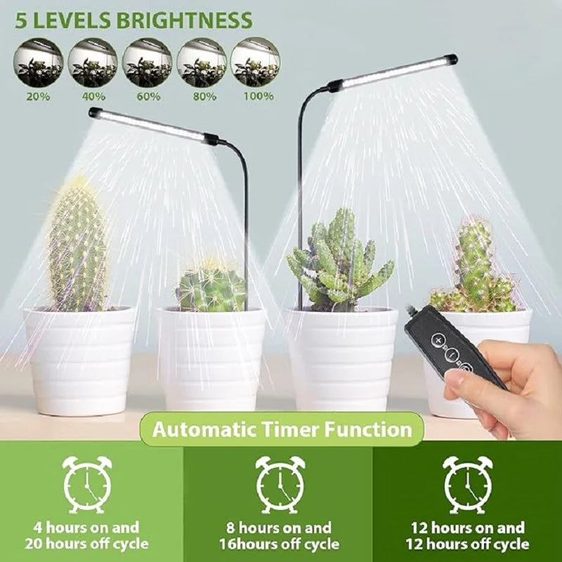 48LEDs Grow Lights for Indoor Plants 6000K Full Spectrum Ground Plug Grow Light with Gooseneck With 5 Level Dimmable & Auto Timer for Small and Indoor Plants