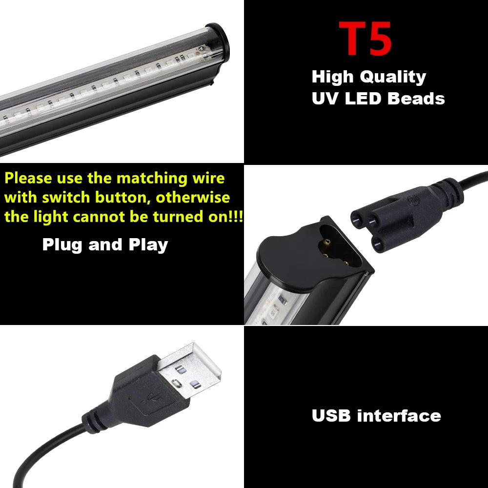 Black Light UV T5 T8 Tube 5V 6W Ultraviolet Lamp Bulb 395nm Blacklight Bar for Money Detector Halloween Party Disco Decor