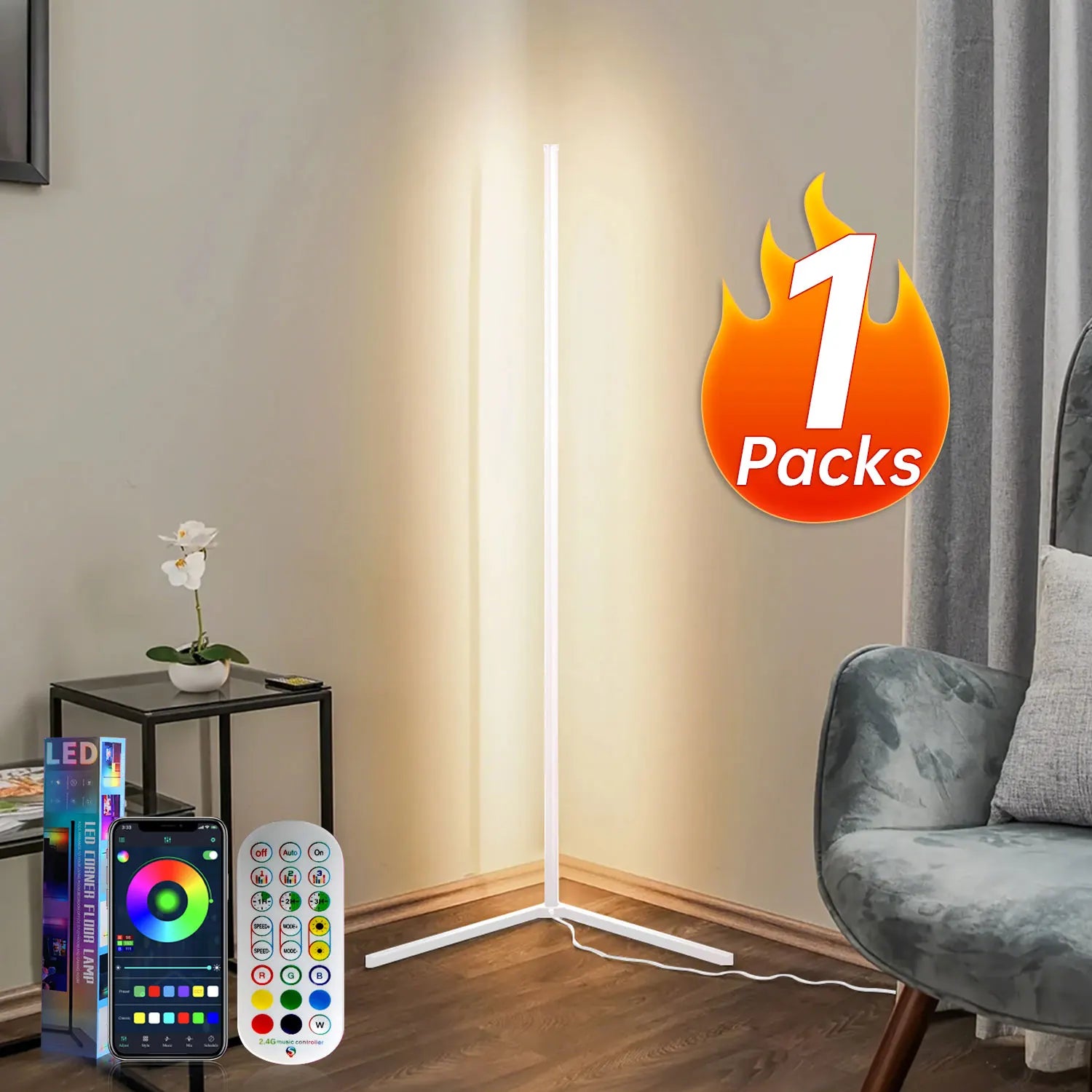 White L-Shaped Floor Lamp, USB Floor Light, Bluetooth APP & Remote Control Standing Lamp, Modern Floor Lamp for Living Room Bedroom Office