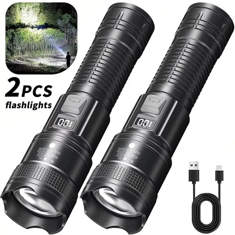 Powerful LED Flashlight with Battery Display USB Rechargeable Light Telescopic Zoom Torch Lamp Outdoor Camping Fishing Lantern