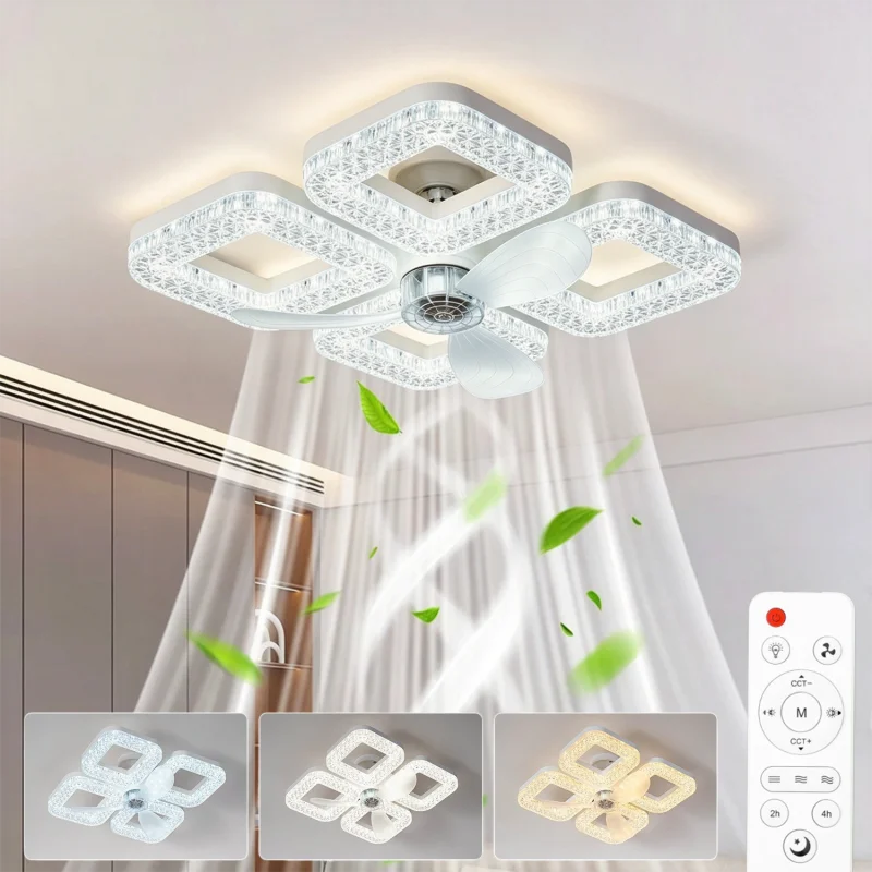 48W Ceiling Fan Light Dual Base Design Remote Control Stepless Dimmable 3 Speeds Timer LED Fan Lamp for Living Room Bedroom