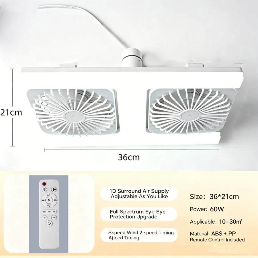 Modern Double Head Ceiling Fan Light with Remote Control Dimmable LED Quiet 60W 3-Speed Timing Fan Light E27 Base 85-265V