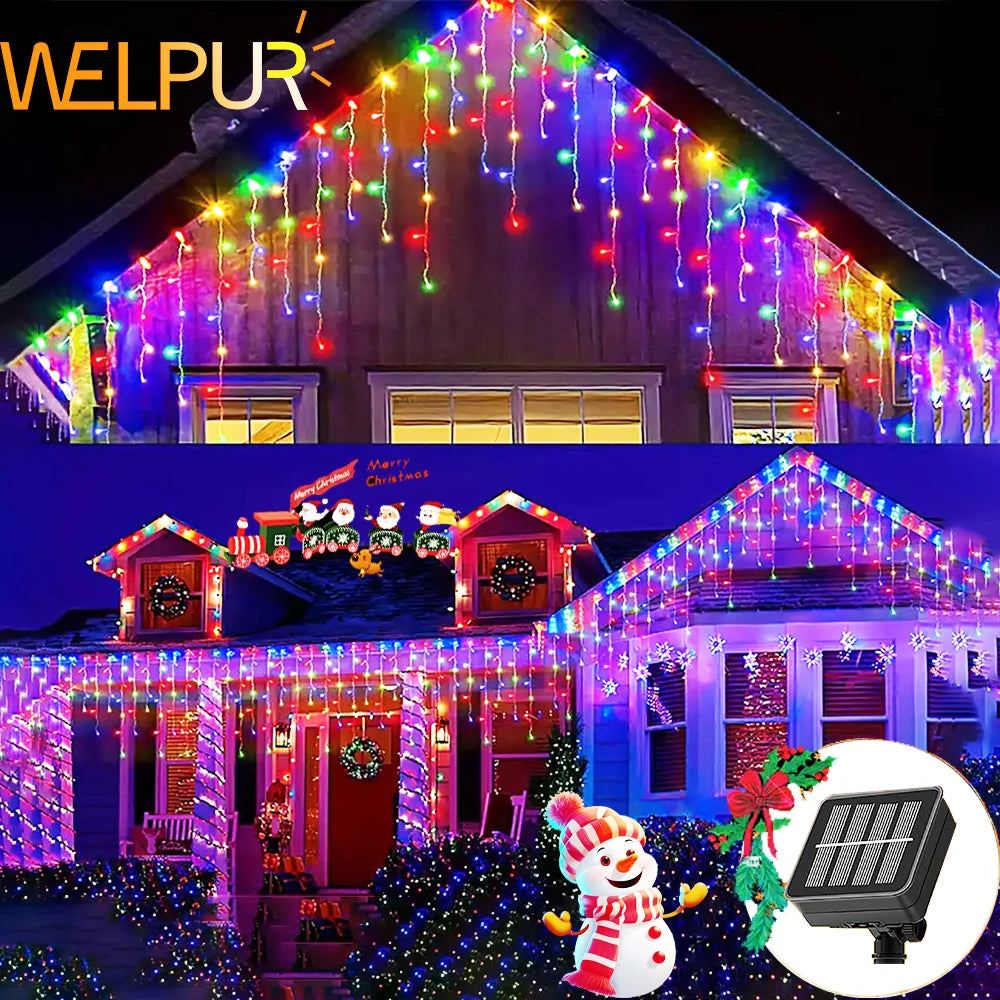 3.5M/7.5M Solar Curtain Icicle Light Outdoor Eaves Decor String Lights Garden Party Yard Christmas Decoration Holiday Garlands