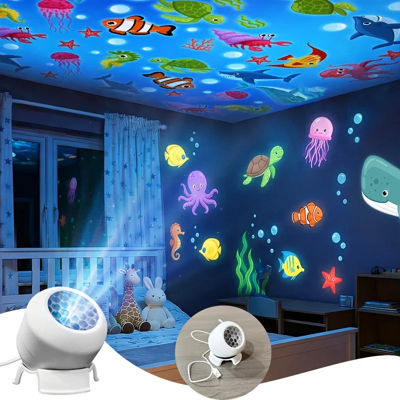 LED Night Light Starry Ocean Projection Light 360°Rotating Decorative Light Marine Life Theme Dynamic Ambient Lamp Room Decora