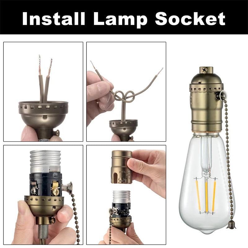 Vintage Edison Style E26/E27 LED Lamp Holder W/ Zipper Switch - Bronze & Pearl Black Hang Wire Suspension Light Fixture