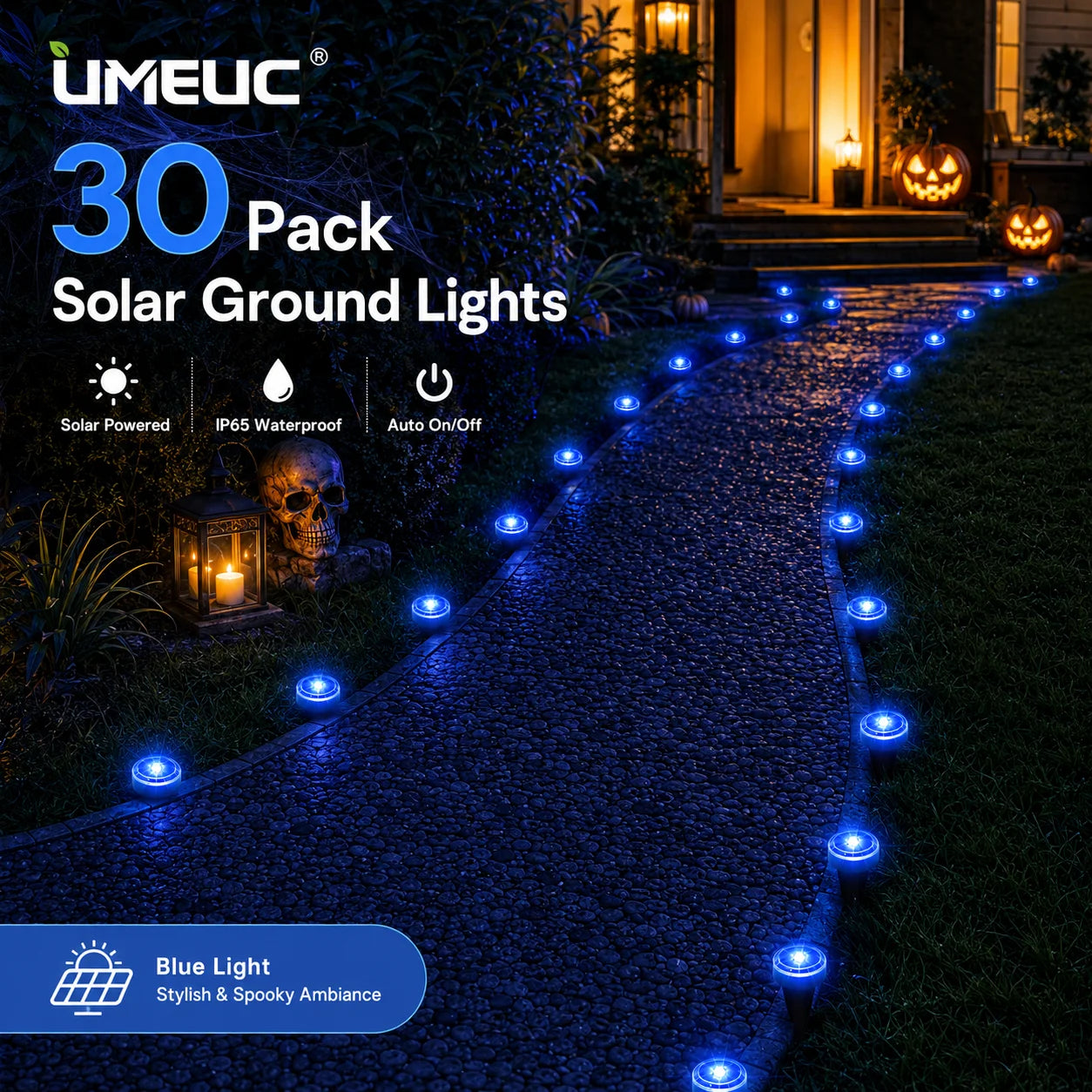 30 Pack Solar Ground Lights Outdoor, Blue LED Pathway Lights with 8 Lighting Modes, IP65 Waterproof Solar Garden Lights for Yard Lawn Walkway Patio Halloween Decorations