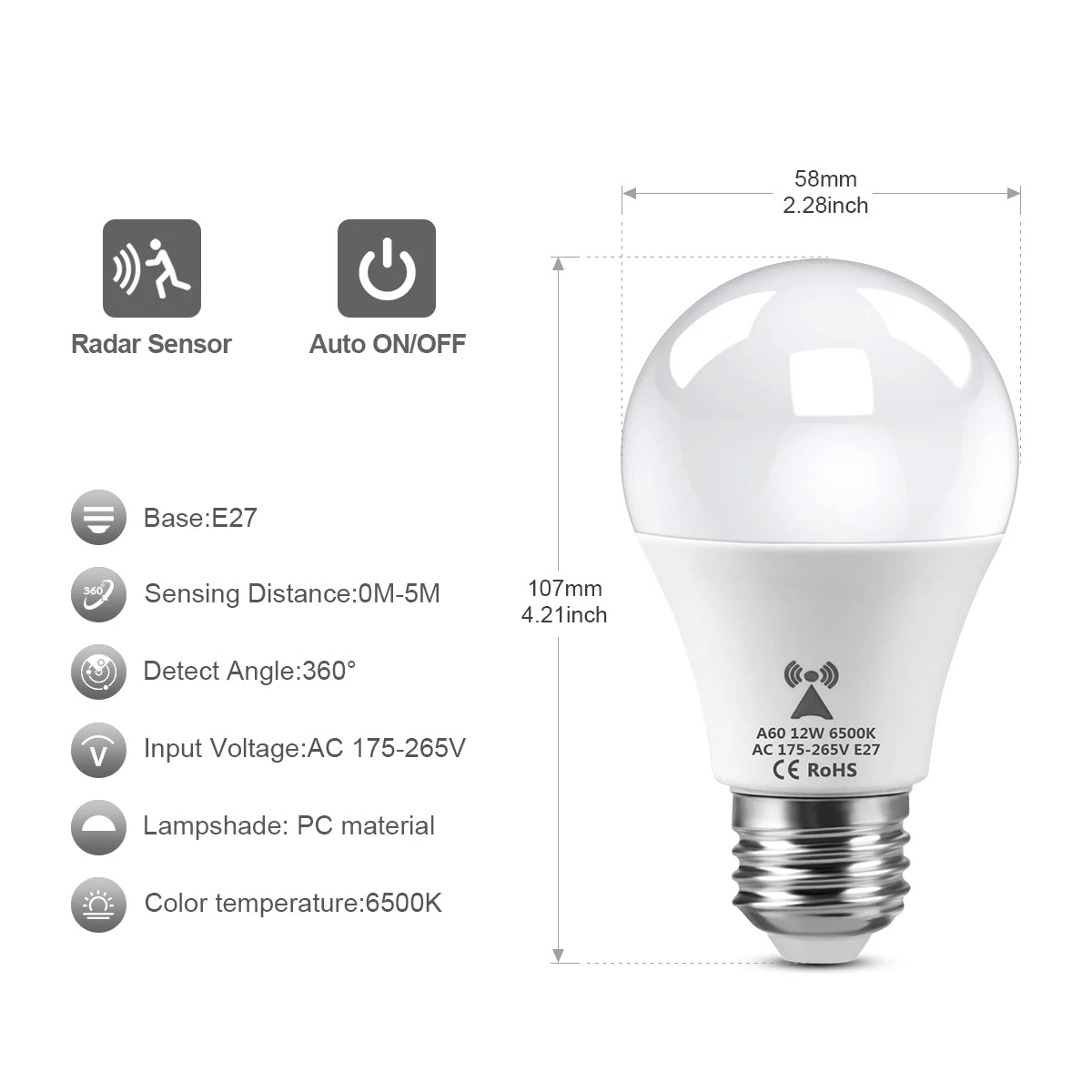 2PCS /Pack LED Bulb Light E27 Radar Motion Sensor 220V White Lamp Working in Night Auto On for Home Living Room Stairs Pathway