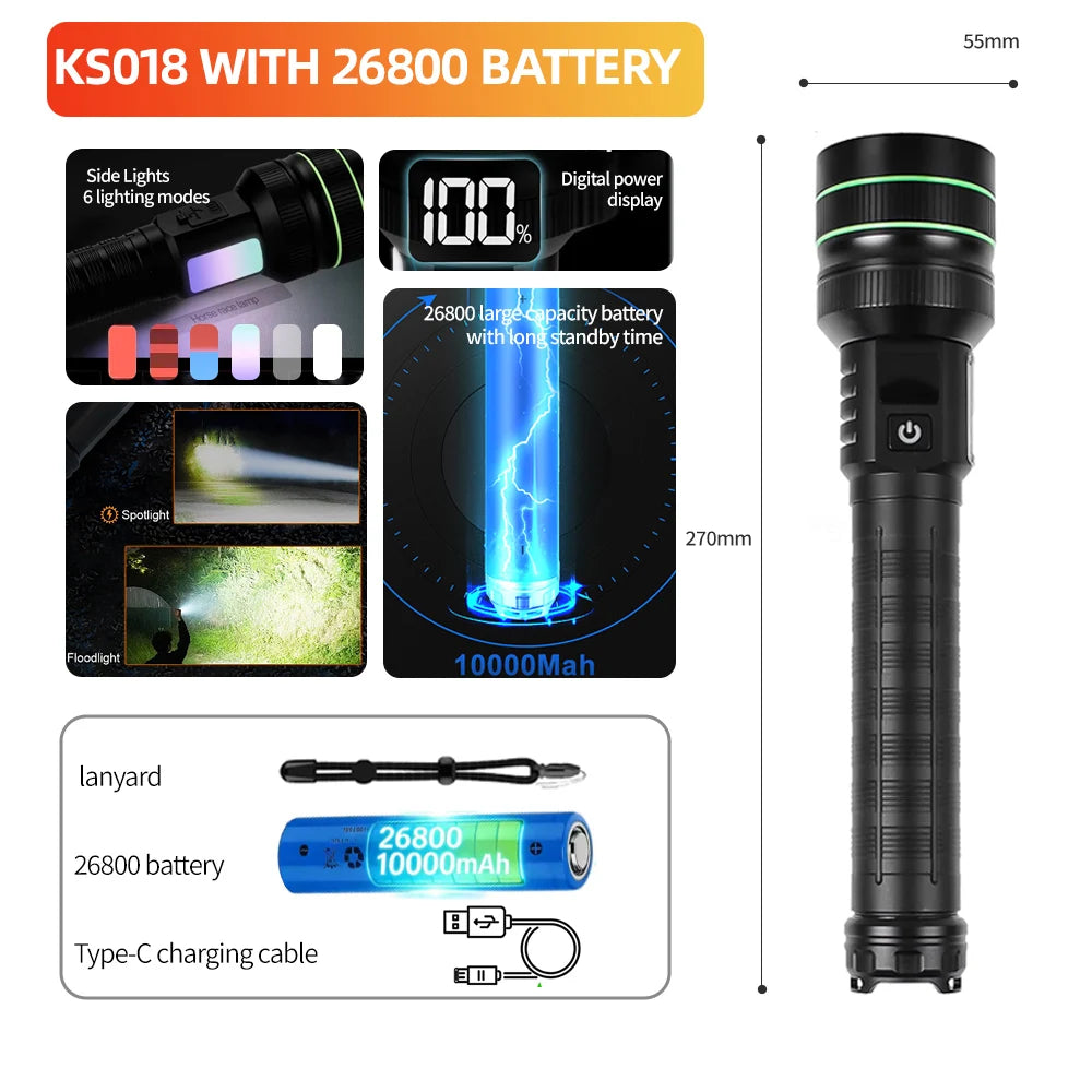 High Power Strong Light LED Flashlight Super Bright Long Range Tactical Torch Powerful USB Rechargeable Lantern Fishing Outdoor