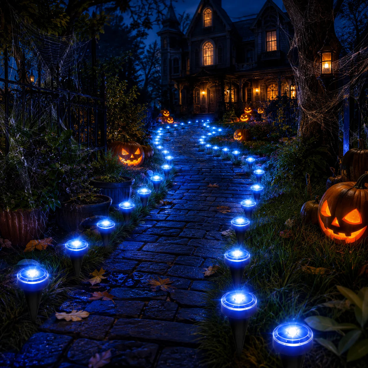 30 Pack Solar Ground Lights Outdoor, Blue LED Pathway Lights with 8 Lighting Modes, IP65 Waterproof Solar Garden Lights for Yard Lawn Walkway Patio Halloween Decorations