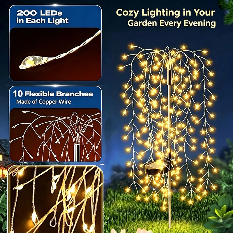 Solar Willow Firework Lamp 200LED Outdoor Garden Decor Firework Solar Lights for Outdoor Path Patio Camping Atmosphere Decor