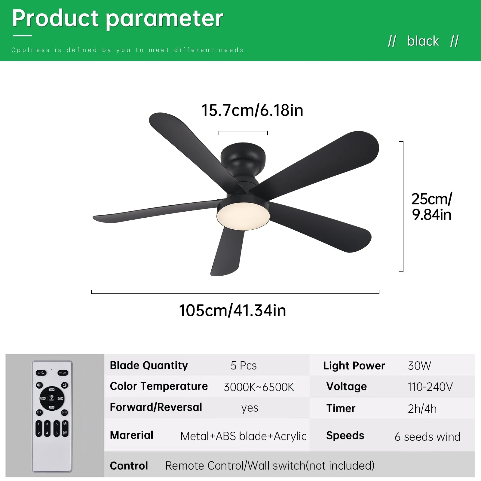 Indoor/Outdoor Flush Mount Ceiling Fan with Remote Control - 5 Blade Low Profile Fandelier - Reversible Quiet Timer