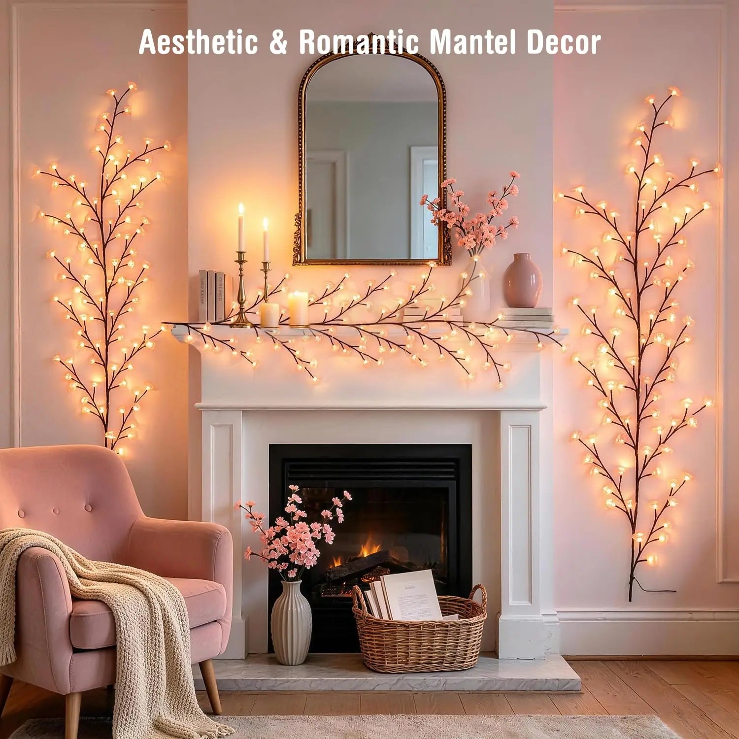 Cherry Willow Vine Lights for Kawaii Room Decor, 72LEDS Pink Cherry Blossom Tree Branch Lights for Wall, Remote Timer, 8 Modes, Bedroom Doors Wedding Christmas Decor, USB