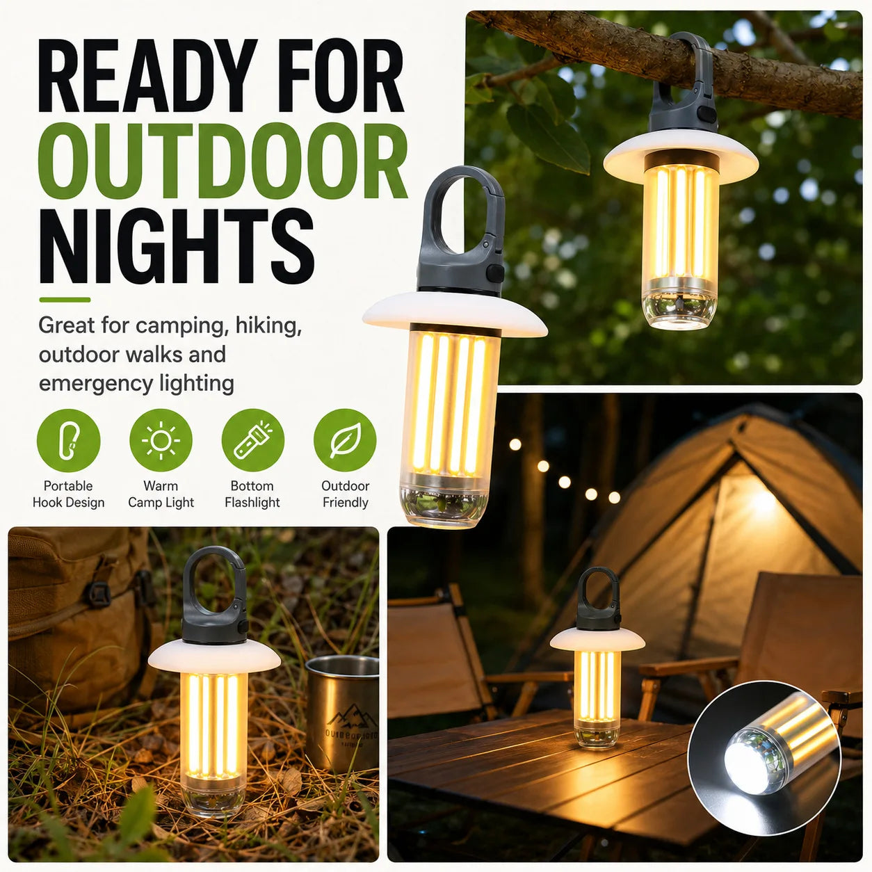 LED Rechargeable Flashlight Camping Lantern 5 Modes Super Bright Portable Hanging Tent Lamp Waterproof Hiking Fishing Outdoor