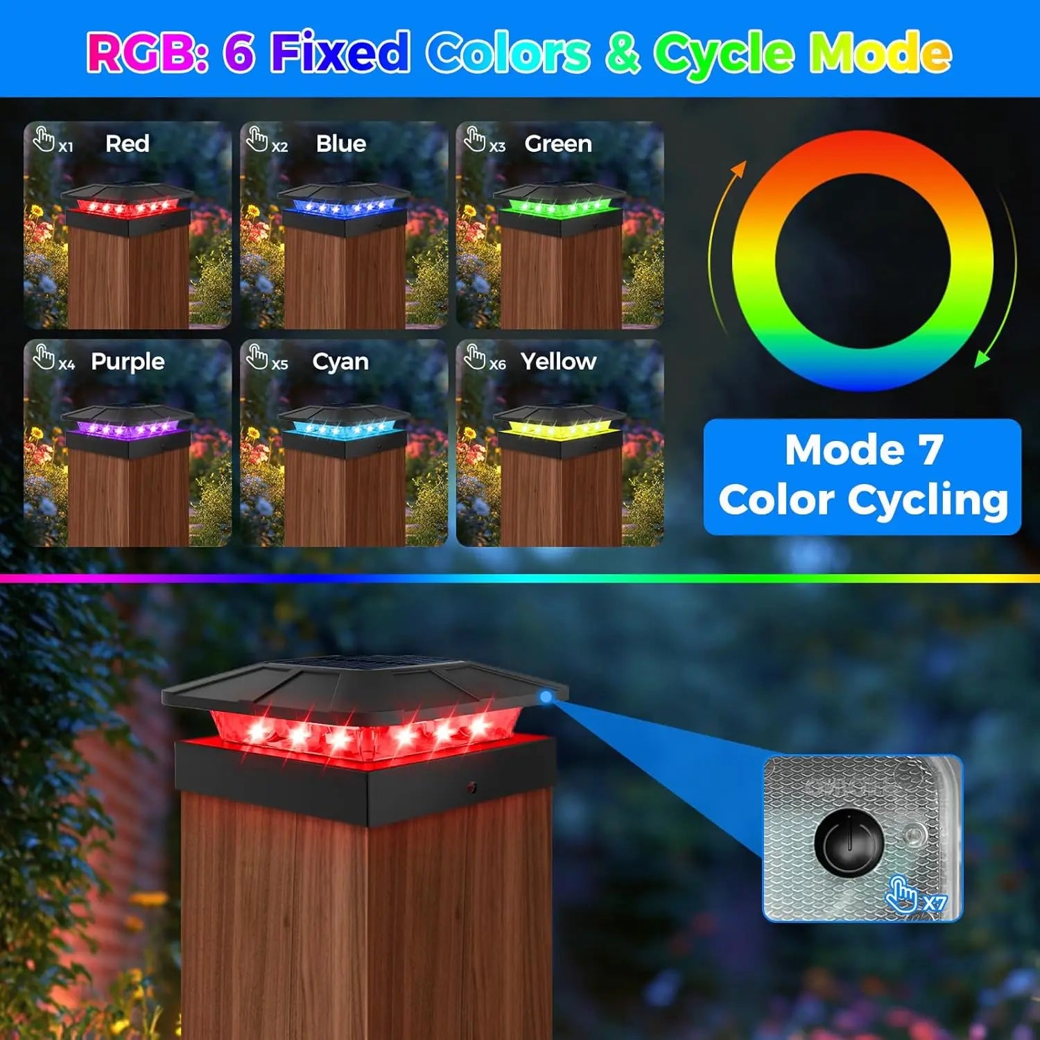 Solar Post Lights Outdoor Waterproof RGB Color Solar Fence Post Cap Lights for Wood Vinyl Posts Fence Deck Patio Garden Post