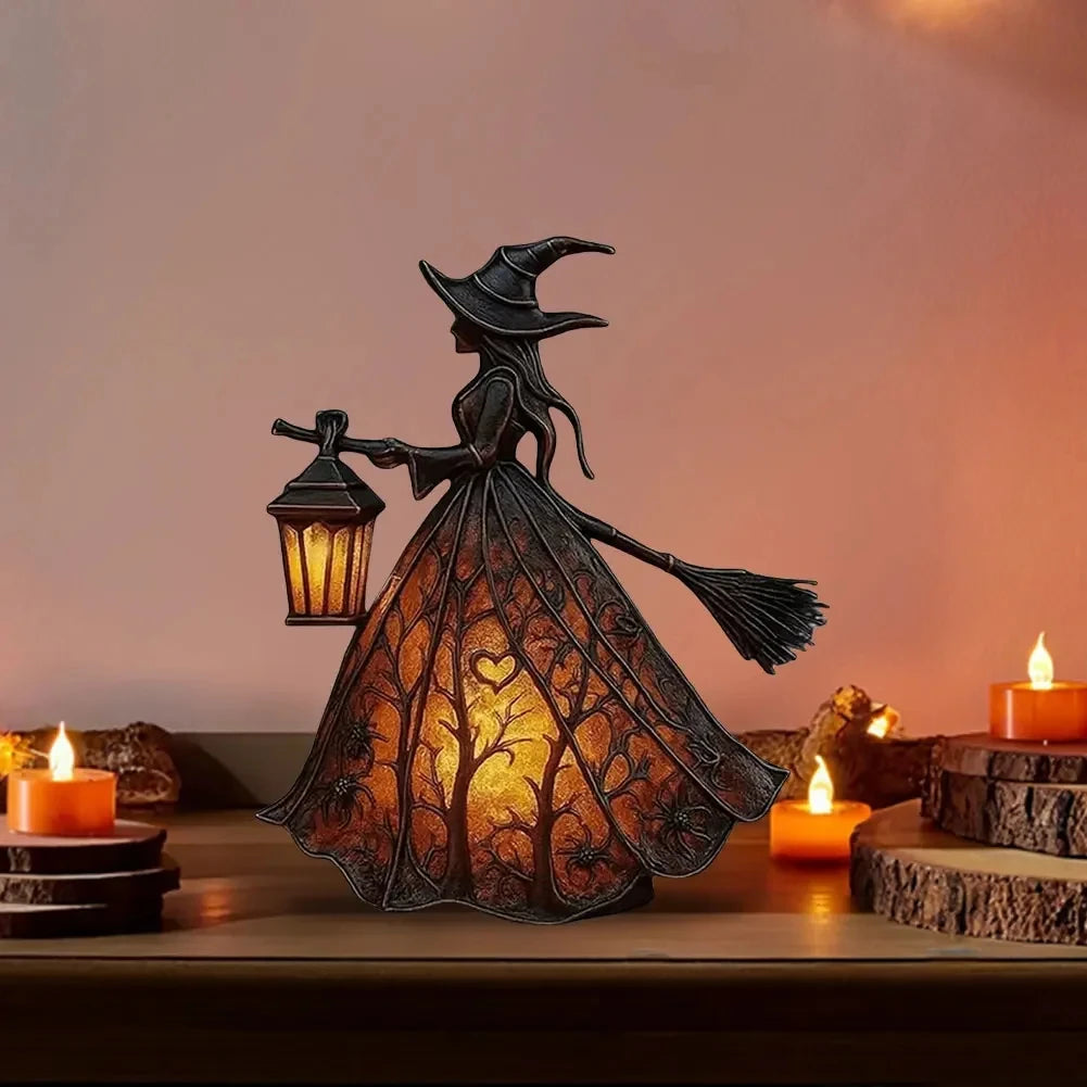 Halloween Witch Lantern LED Night Light Resin Statue Gothic Home Decor with Broom for Spooky Party