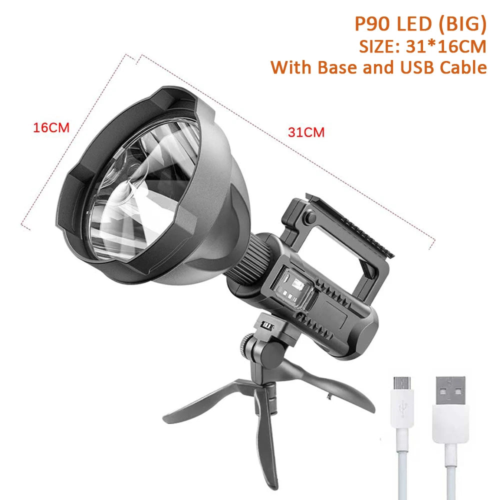 Portable Powerful LED Flashlight Mountable Bracket Handheld Searchlight USB Rechargeable Spotlight Waterproof Torch Light