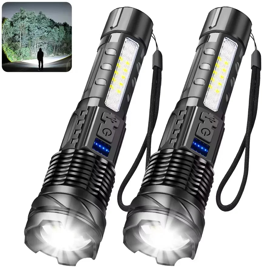 30W COB Strong LED Flashlight Portable Rechargeable Zoomable Hand Lamp1000 Lumens Torch Built in Battery with Power Display