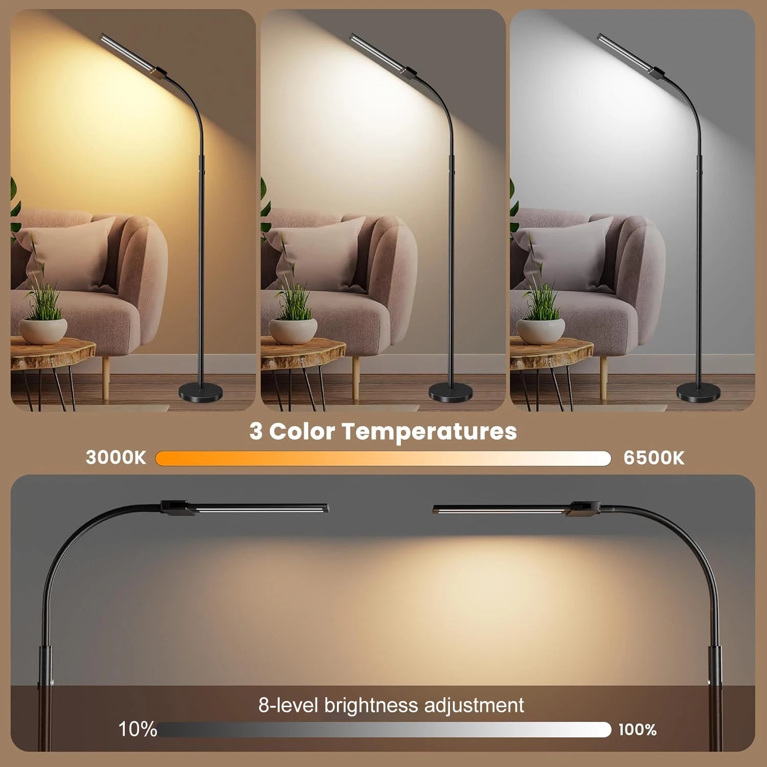 Modern LED Floor Lamp 3 Color Modes 8 Brightness Adjustable Flexible Gooseneck USB Standing Lamp for Living Room Reading Study Workbench