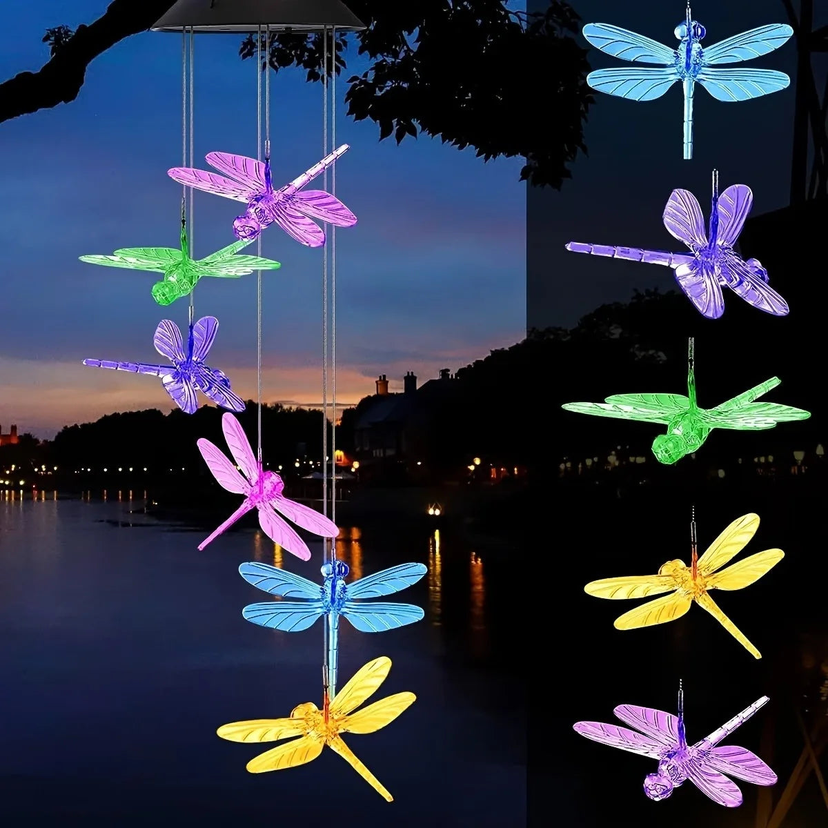 Color Changing Butterfly Dragonfly Hummingbird Solar Powered Waterproof Outdoor Wind Chimes Light for Party Garden Door Decor