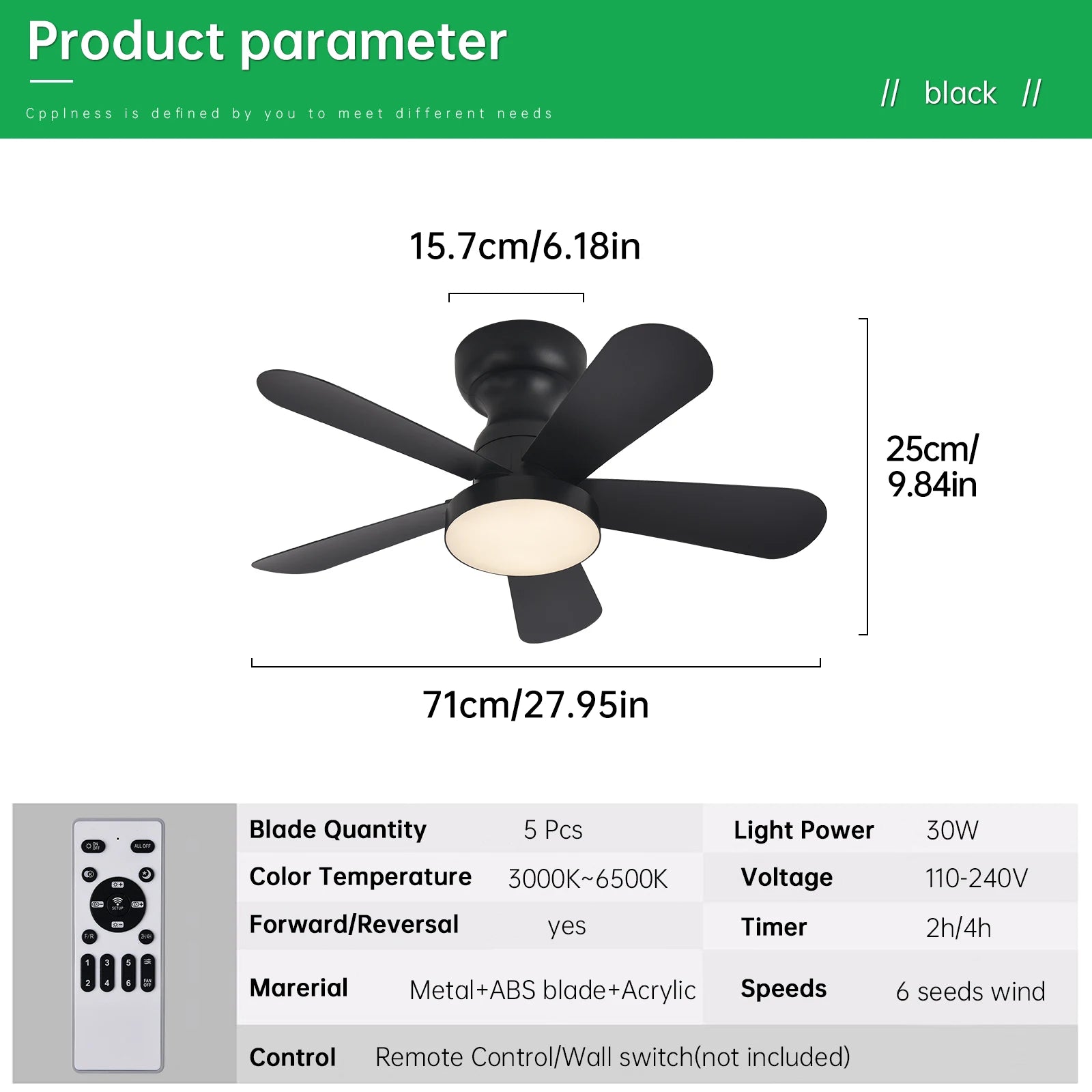 Indoor/Outdoor Flush Mount Ceiling Fan with Remote Control - 5 Blade Low Profile Fandelier - Reversible Quiet Timer