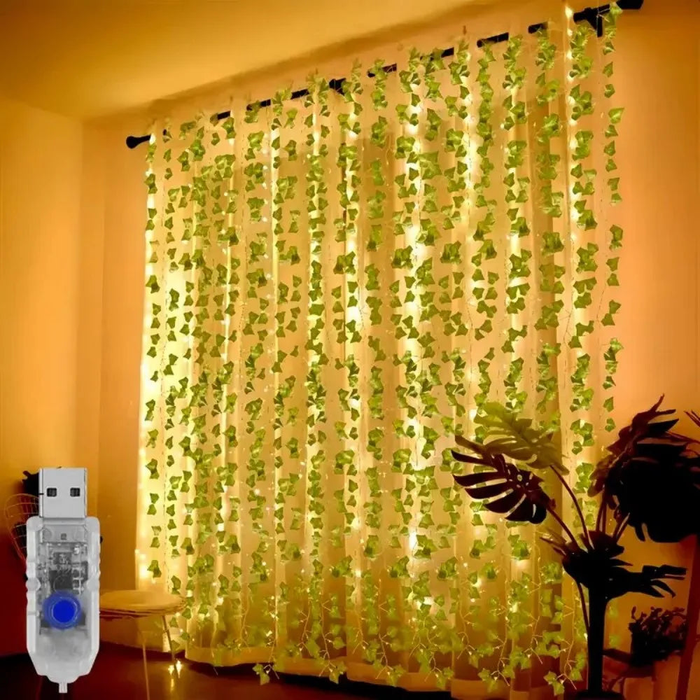 1PC 3M100LED Warm White Green Ivy Leaf LED String Light,USB-Powered Indoor Curtain Decor for Holiday,Wedding,and Party
