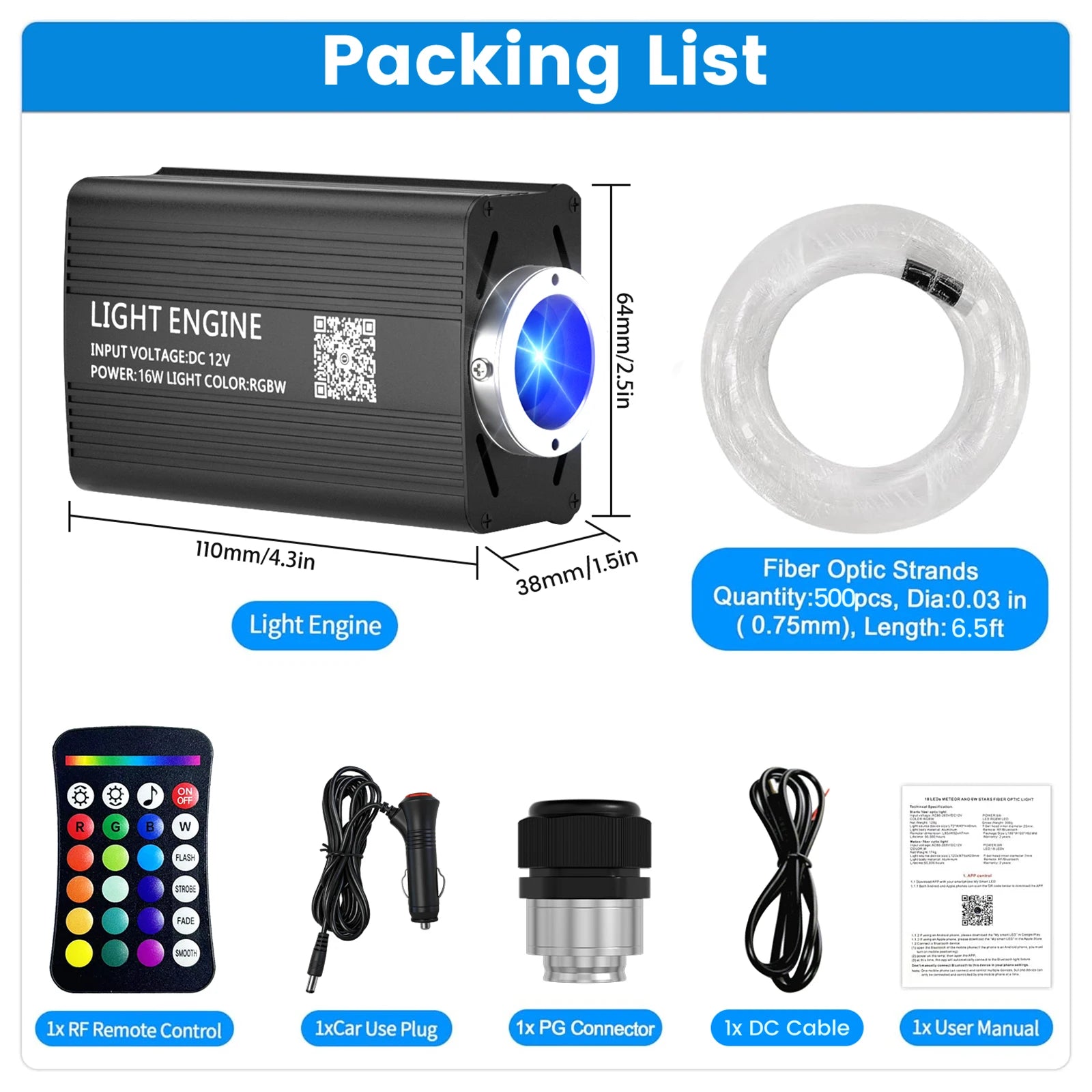 VASTFIRE Mini 16W 500/1000pcs Fiber Optic Starlight Headliner Kit for Car Home 6.5ft End Glow Fiber Strands Sound-Activated APP& Remote Control Starlight Engine