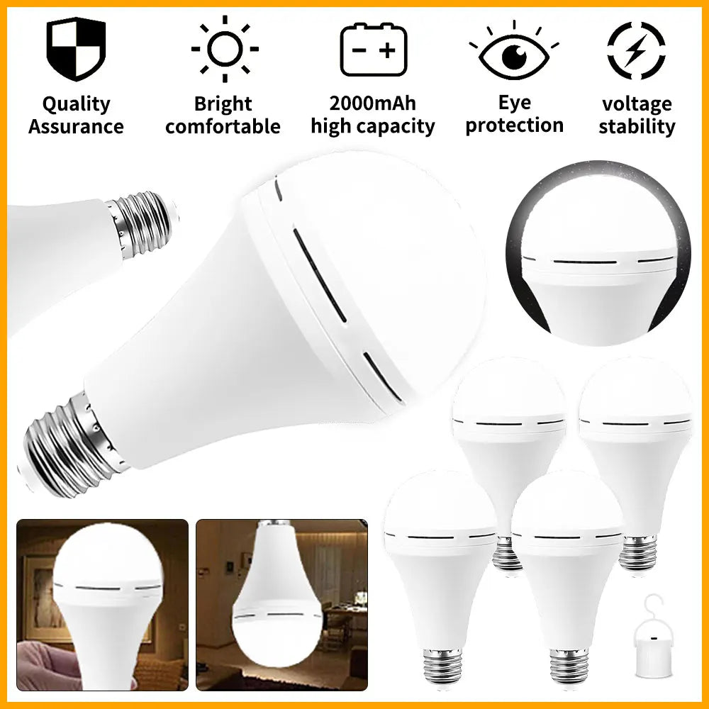 4pcs 12W Rechargeable Emergency LED Bulbs with Battery Backup – E27 Base, 6500K Cool White Light, 800mAh Lithium Polymer Battery