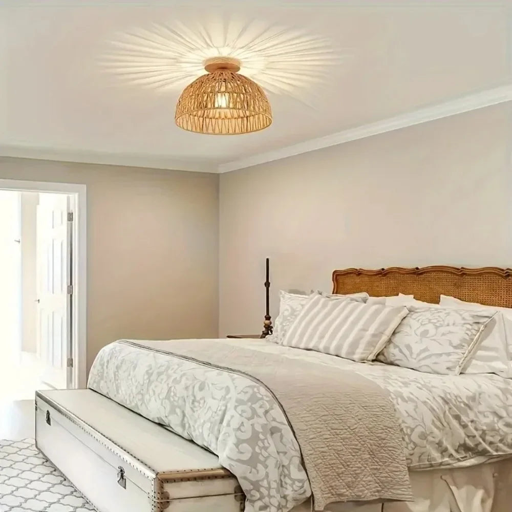 E27 Wabi-sabi Natural Hand-woven Wicker Lampshade Ceiling Lamp for Restaurant Teahouse Living Room Retro Vintage Ceiling Lamps