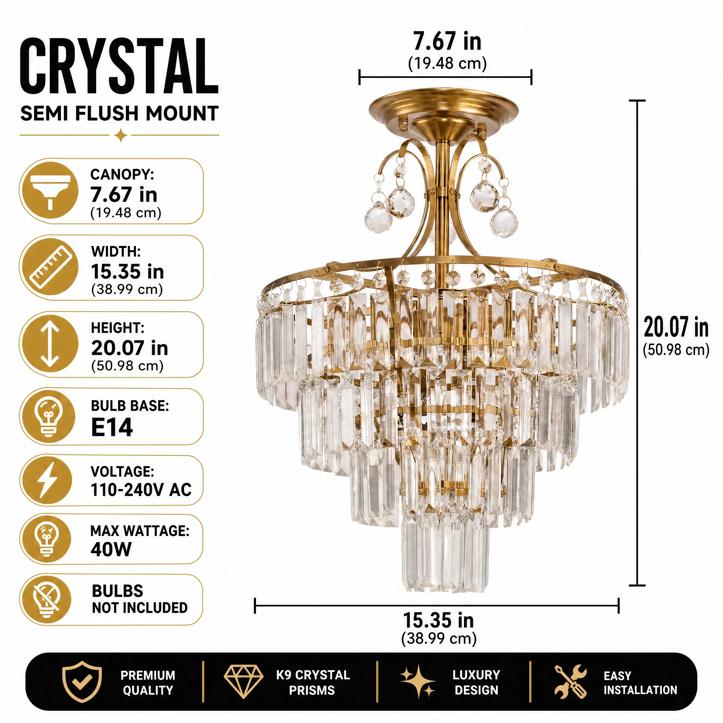 Luxury Gold Crystal Ceiling Light, Round Dimmable Semi-Flush Mount Modern Crystal Ceiling Light for Dining Room/Bedroom/Hallway