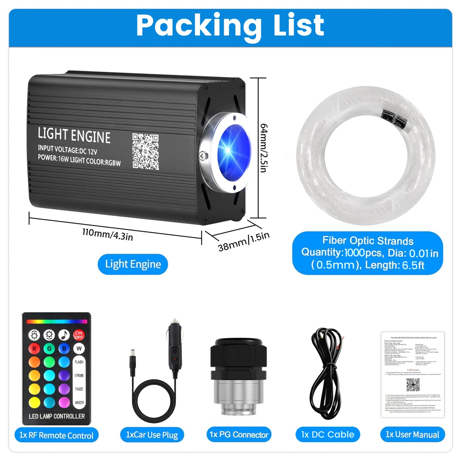 VASTFIRE Mini 16W 500/1000pcs Fiber Optic Starlight Headliner Kit for Car Home 6.5ft End Glow Fiber Strands Sound-Activated APP& Remote Control Starlight Engine
