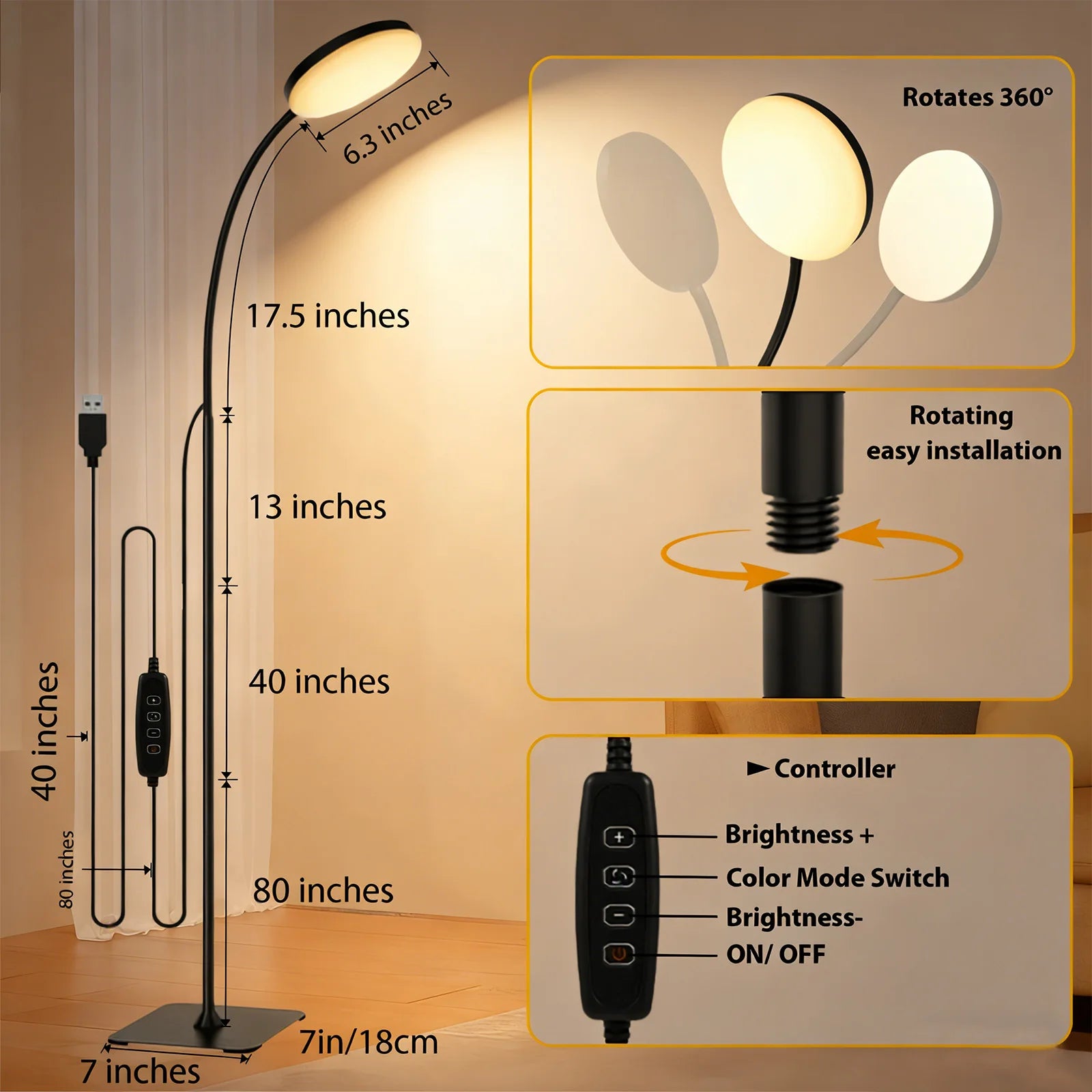 10W LED Floor Lamp, Ultra-Bright Dimmable LED Light, Flexible Adjustable Gooseneck Reading Light, Circular Ambient Light, 3-Color Adjustable, USB Powered, Suitable for Living Room, Bedroom, Office, Study