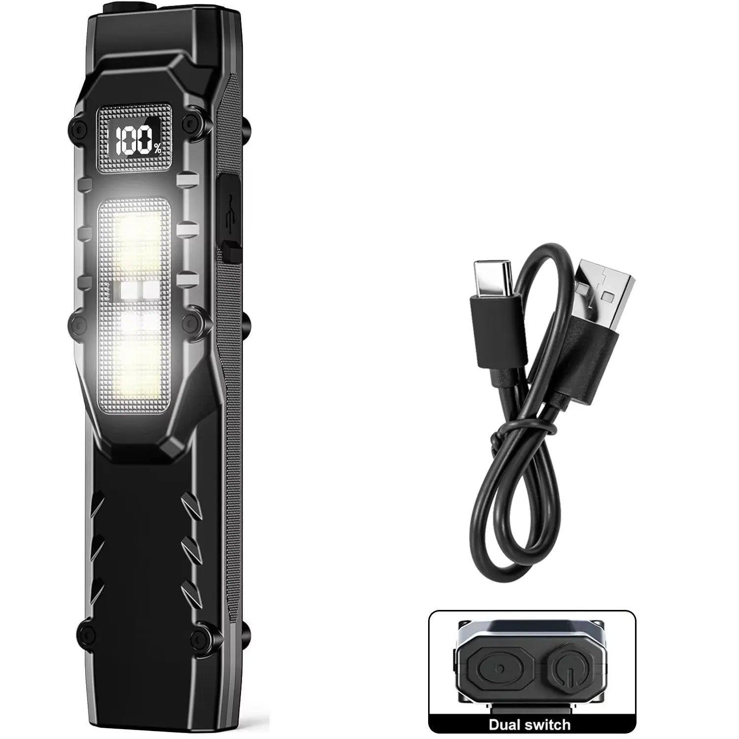 eDC tactical flashlight,1100LM rechargeable lED flat flashlight w/Clip & digital display,Pocket flashlight for camping emergency