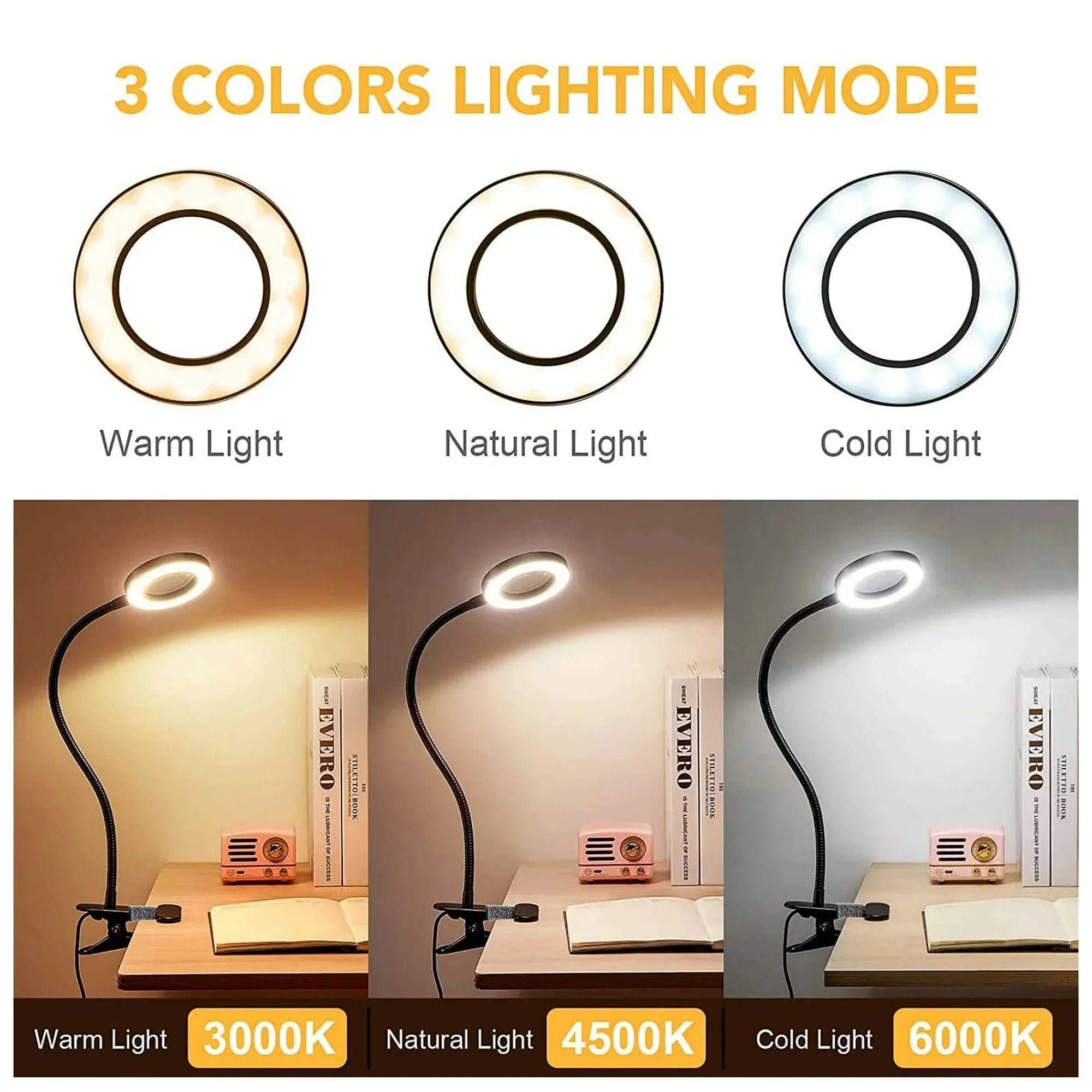 LED Clip-On Magnifying Desk Lamp 5X Magnifier USB Powered 3 Colors 10 Levels Dimmable Adjustable Flexible Gooseneck Sturdy Metal Clamp Base Makeup Reading Craft Repair Sewing Hobby Light for Office Study Bedroom Living Room W
