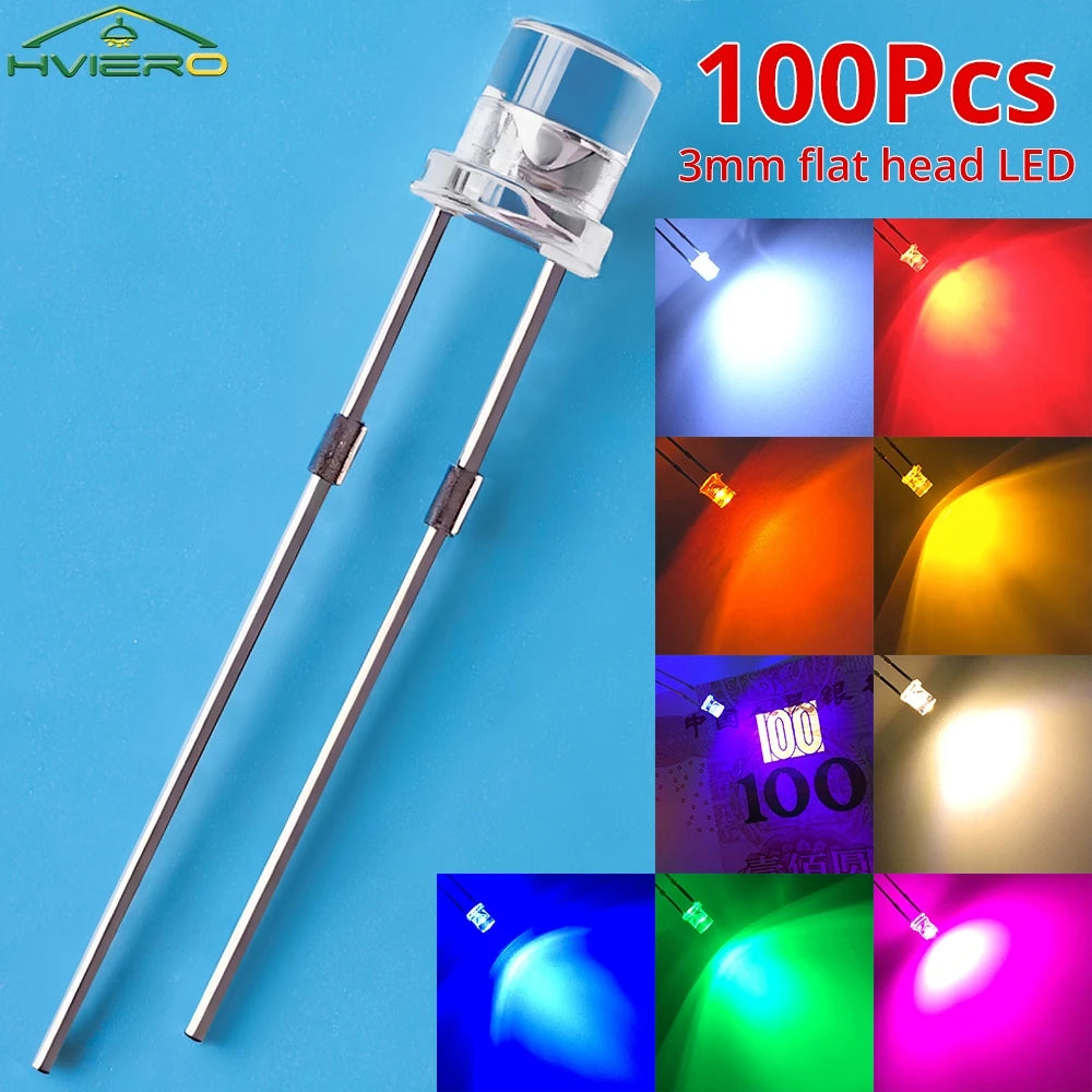 100Pcs F3 3mm 2pins Ultra Bright LED Bulbs Flat White Red Yellow Blue Green Pink Diode Led Wide Angle Light Emitting Diodes Lamp