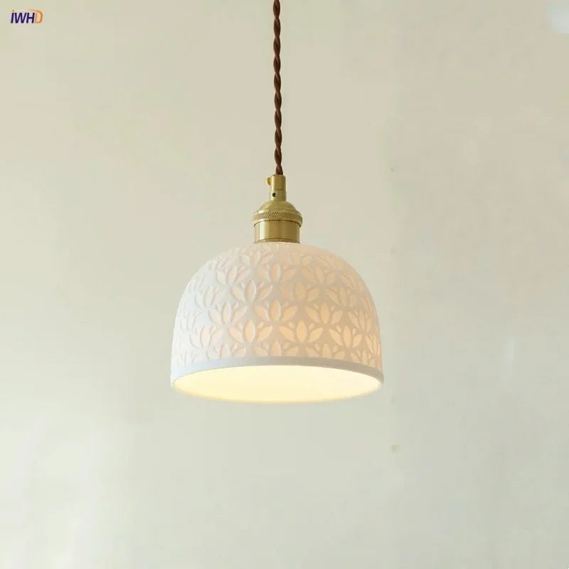IWHD Home Decor LED Pendant Light Fixtures Bedroom Hallway Living Room Nordic Modern Leaf Ceramic Copper Socket Hang Lamp Lampen
