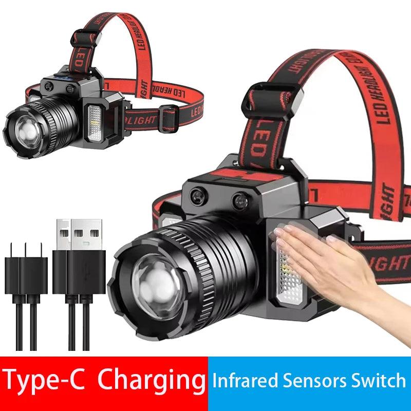 Smart Induction White Light LED Headlamp with Zoom USB Charging Sensor Multi-Function Outdoor Head Torch Lantern