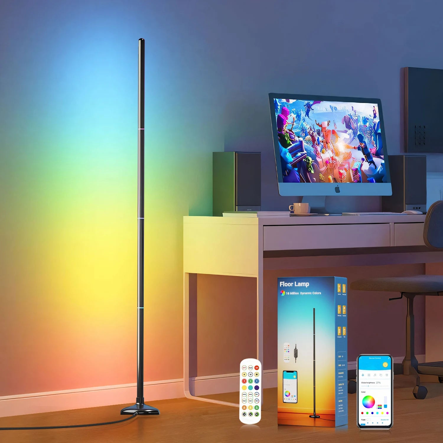 RGB Color Changing Floor Lamp, Rechargeable Battery Operated Standing Lamp, Bluetooth Smart Floor Light with APP & Remote Control, Black Plastic Modern Ambient Corner Lamp for Bedroom Living Room Party Decor