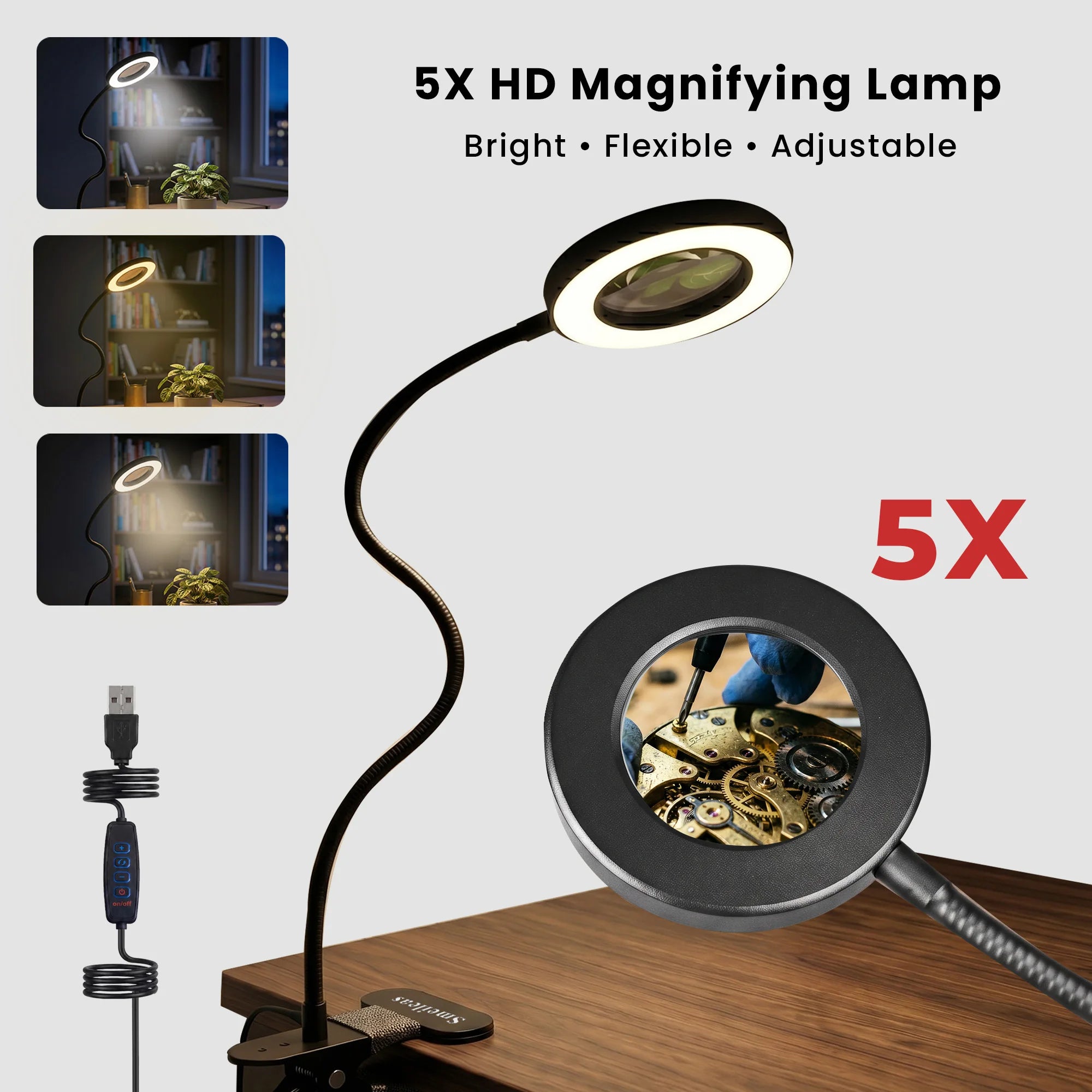 Dimmable LED Magnifying Lamp with Clamp, 3 Color Modes, Adjustable Brightness Desk Light for Reading, Repair, Eye-Care Lamp.