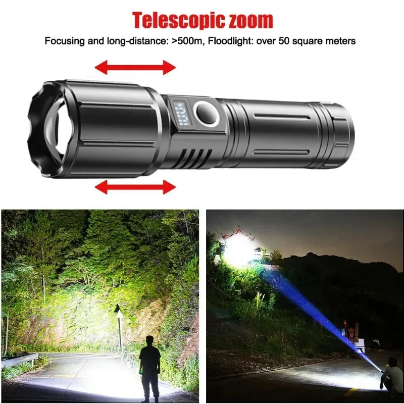 High Power LEP White Light Flashlight 3000 Meter Long Range 26650 Battery Type C Usb Rechargeable Tactical Portable Lantern