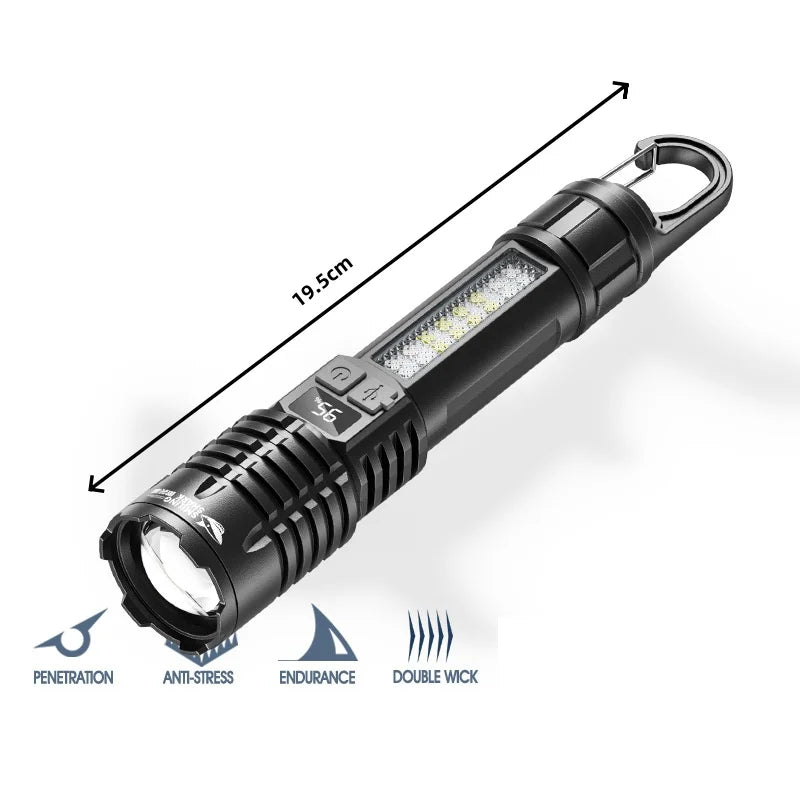 Super Bright LED Flashlight Rechargeable Zoomable Digital Display Tactical Light Waterproof Camping Outdoor Handheld Spotlight
