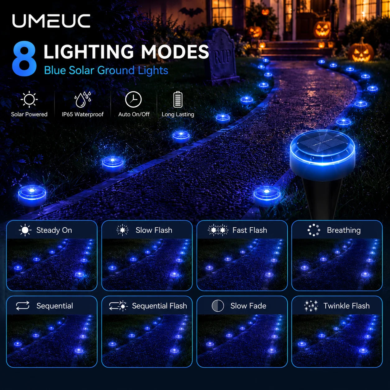 30 Pack Solar Ground Lights Outdoor, Blue LED Pathway Lights with 8 Lighting Modes, IP65 Waterproof Solar Garden Lights for Yard Lawn Walkway Patio Halloween Decorations
