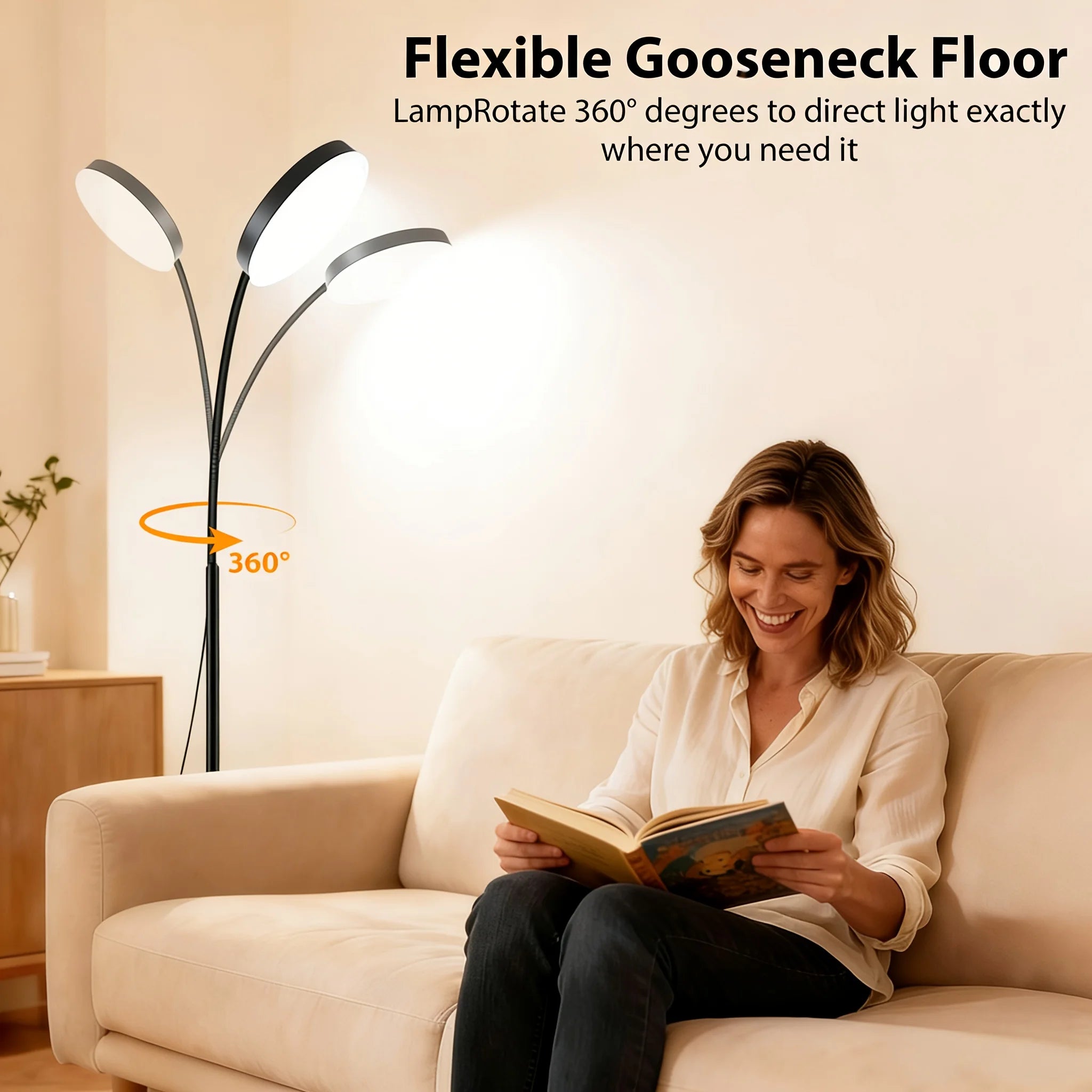 10W LED Floor Lamp, Ultra-Bright Dimmable LED Light, Flexible Adjustable Gooseneck Reading Light, Circular Ambient Light, 3-Color Adjustable, USB Powered, Suitable for Living Room, Bedroom, Office, Study