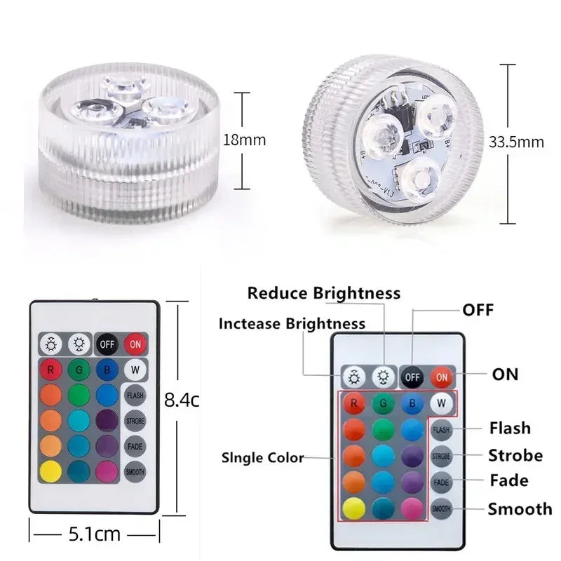 Battery Operated LED Underwater Lights Remote 16 Colors Submersible Light RGB Tea Lamp for Weeding Xmas Valentine's Day Party