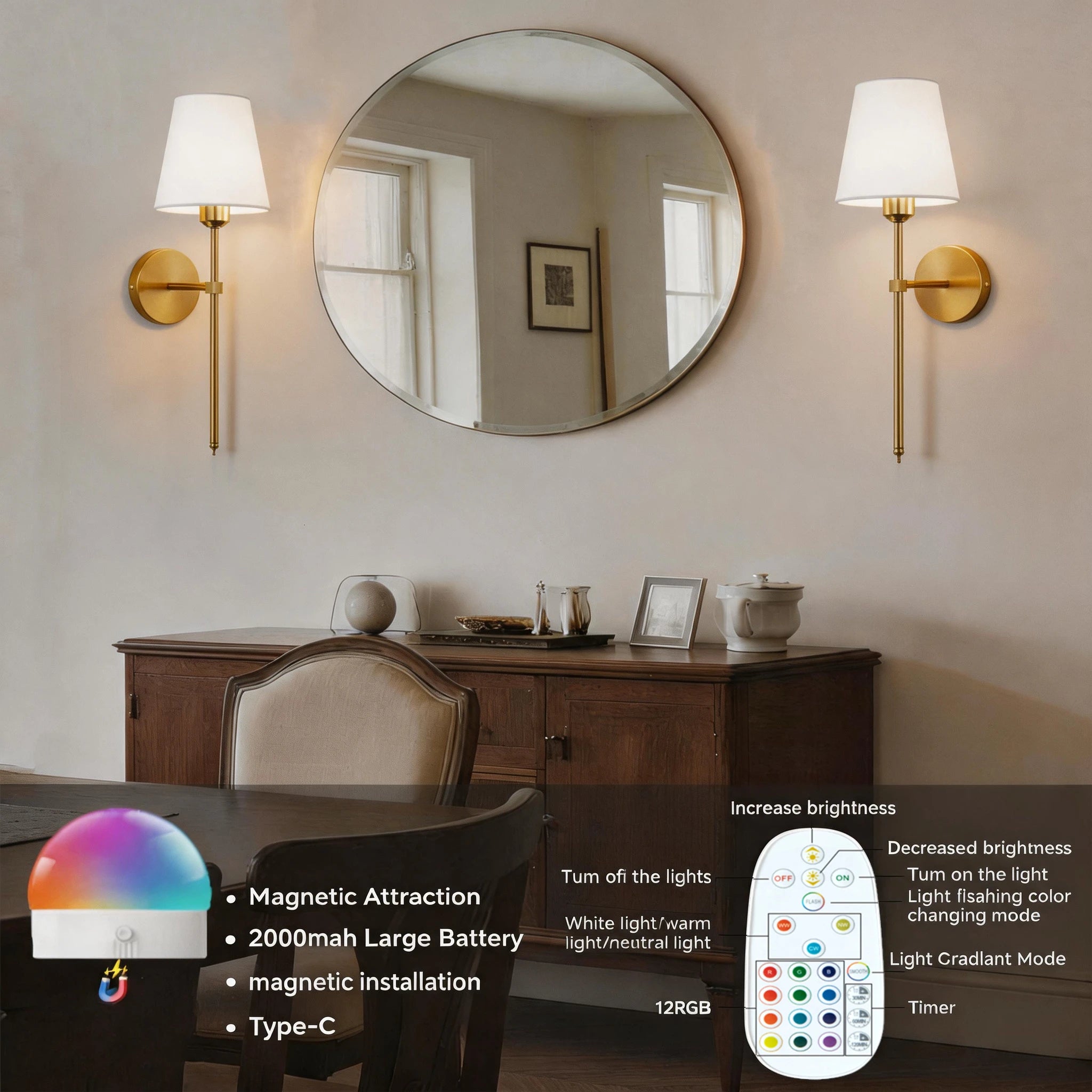 Wireless Battery Powered Wall Lamp Rechargeable Wall Lamp Dimmable Detachable Bulb Remote Control 15 Color Wireless Wall Lamp
